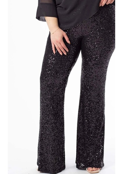 Siyah Yüksek Bel Ispanyol Paça Toparlayıcı Beli Lastikli Payetli Pullu Büyük Beden Pantalon