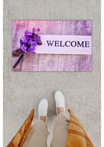 Dijital Baskı Dekoratif Welcome Lila Kapı Önü Paspası