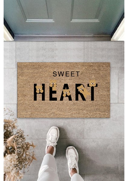 Dış ve Iç Mekan Bej Kapı Önü Paspası Sweet Heart Ayıcık Desen Paspas