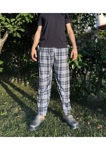 Erkek Pamuklu Cepsiz Ekose Desenli Pijama Altı Eşofman Süp Lacivert Beyaz
