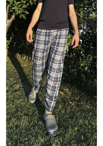 Erkek Pamuklu Cepsiz Ekose Desenli Pijama Altı Eşofman Süp Lacivert Beyaz