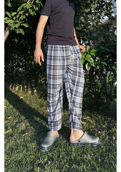 Erkek Pamuklu Cepsiz Ekose Desenli Pijama Altı Eşofman Süp Lacivert Beyaz