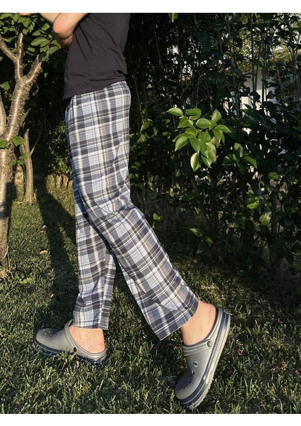 Erkek Pamuklu Cepsiz Ekose Desenli Pijama Altı Eşofman Süp Lacivert Beyaz