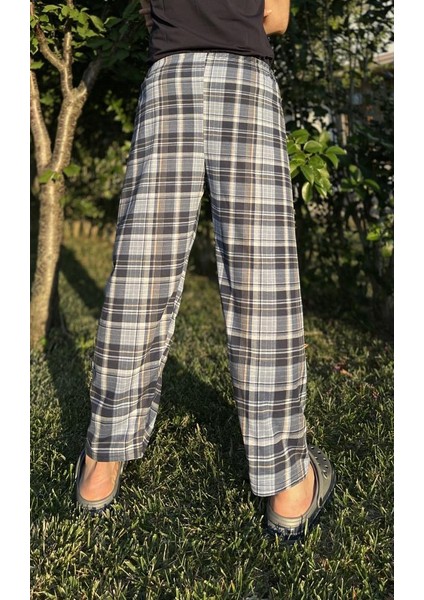 Erkek Pamuklu Cepsiz Ekose Desenli Pijama Altı Eşofman Süp Lacivert Beyaz