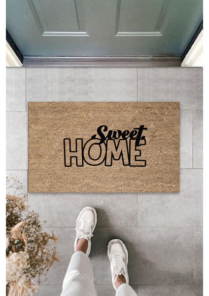 Dış ve Iç Mekan Bej Kapı Önü Paspası Sweet Home Desen Paspas