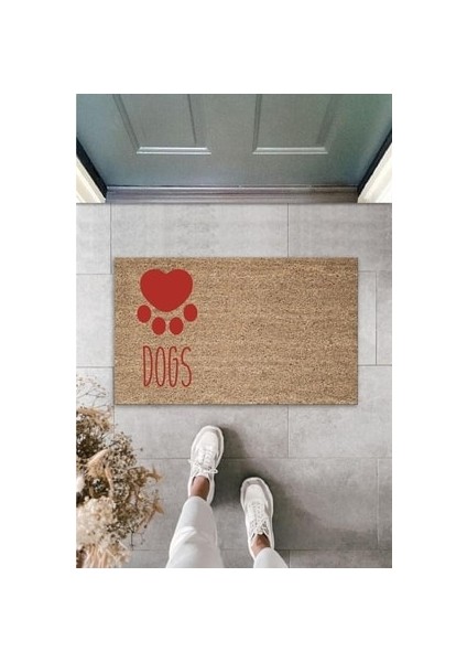 Dijital Baskı Kalitesi Kahverengi Kırmızı Kalpli Dogs Dekoratif Kapı Paspası