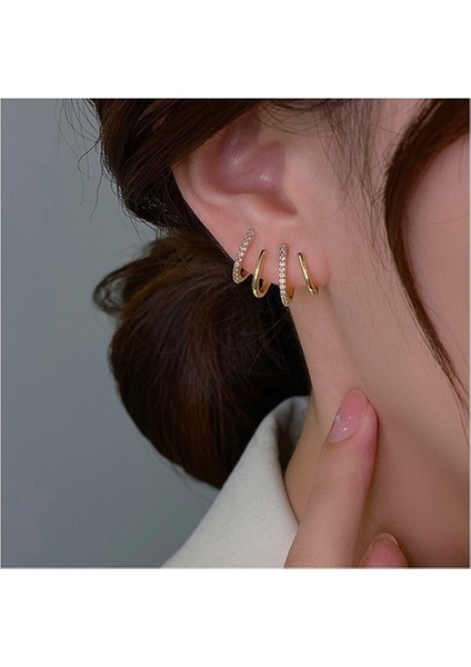 S925 Silver Pin Micro-Encrusted Zirconia Four Claw Ear Row Earrings Personality Versatile Cold Wind Niche Design Earrings Earrings Studs (Yurt Dışından)