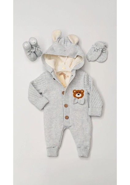 Trend Baby Kids 3-18 Ay Welsoftlu Ayıcık Triko Tulum Kapişonlu Set