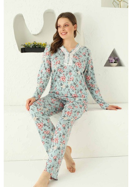 Büyük Beden Açık Mavi Çiçek Desenli Uzun Kollu Pijama Takımı