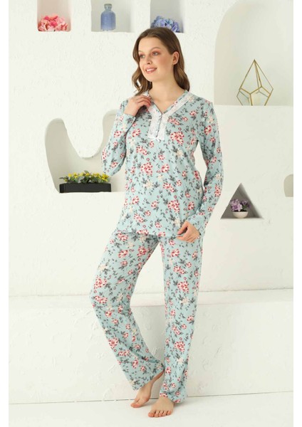 Büyük Beden Açık Mavi Çiçek Desenli Uzun Kollu Pijama Takımı