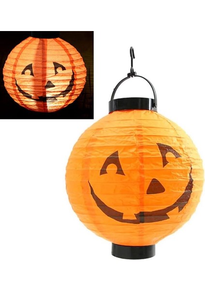 Halloween 20 cm LED Işıklı Balkabağı Desenli Turuncu Renk Kağıt Japon Feneri 1ADET