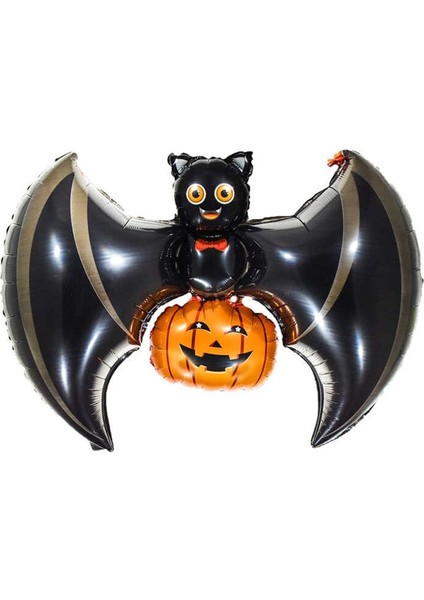 Siyah Renk Yarasa Şeklinde Balkabaklı 103X62 cm Halloween Folyo Balonu 1 Adet