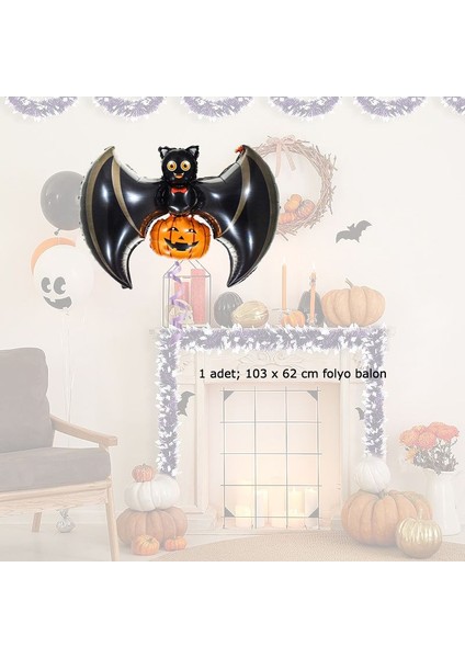 Siyah Renk Yarasa Şeklinde Balkabaklı 103X62 cm Halloween Folyo Balonu 1 Adet fiyatları