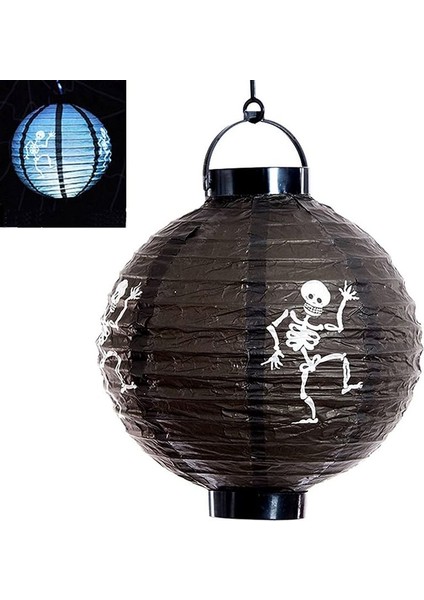 Halloween 20 cm LED IşıklıİskeletDesenli Siyah Renk Kağıt Japon Feneri 1ADET