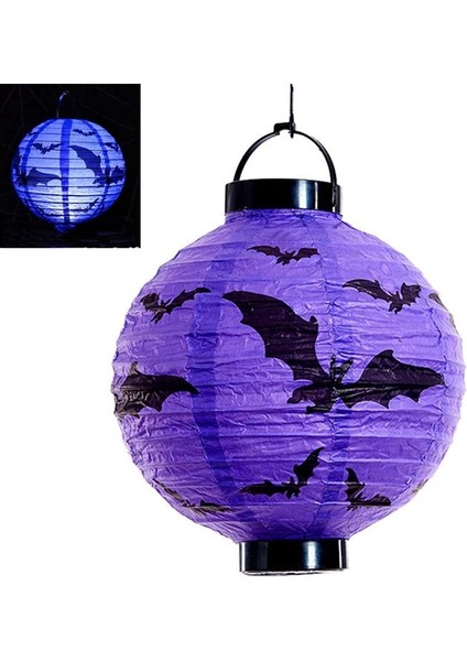 Halloween 20 cm LED Işıklı Yarasa Desenli Mor Renk Kağıt Japon Feneri 1ADET