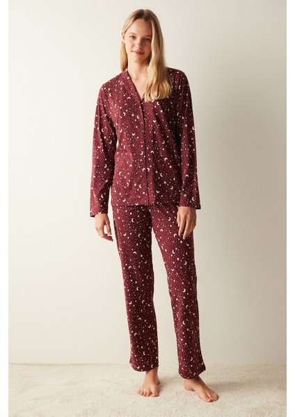 Gökyüzü Desenli Gömlek Pantolon Bordo Pijama Takımı
