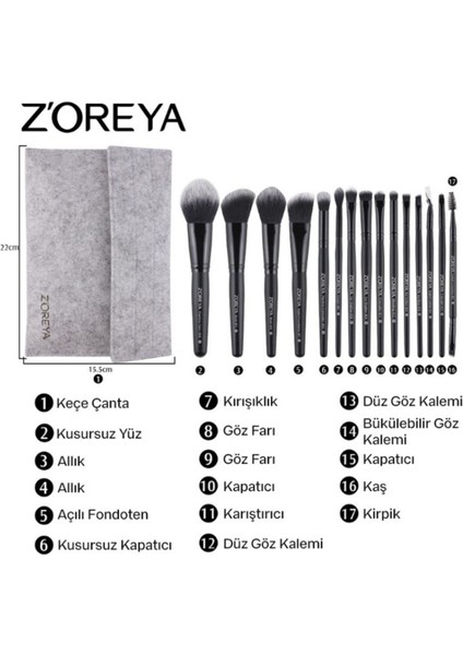 15 Parça Profesyonel Kabuki Fırça Seti Full + Keçe Makyaj Çantası fiyatları