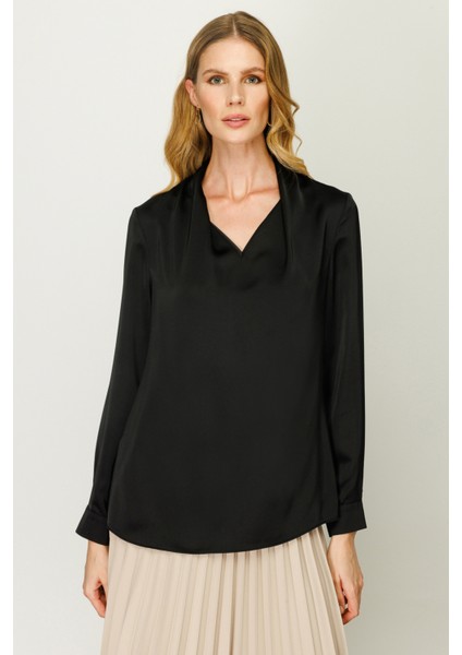 V Yaka Siyah Kadın Bluz 23201021