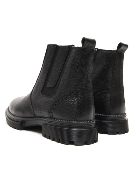 Hakiki Deri MBBLC22508-S Siyah İçi Kürklü Fermuarlı Lastik Detaylı Erkek Klasik Bot