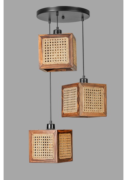 Kumsal 3 Lü Tepsili Ceviz Rattan Avize