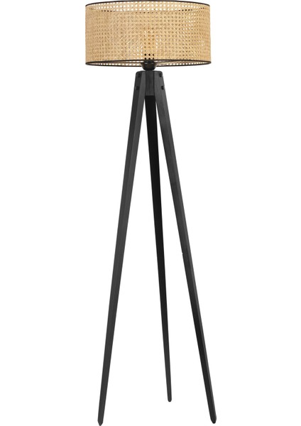 Tripod Siyah Silindir Rattan Abajurlu Lambader