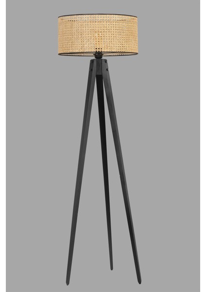 Tripod Siyah Silindir Rattan Abajurlu Lambader