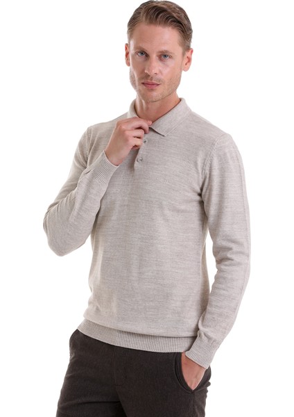 Bej Regular Fit Düz Polo Yaka Triko Kazak
