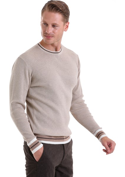 Bej Comfort Fit Düz Pamuklu Bisiklet Yaka Casual Triko Kazak