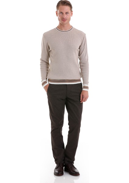 Bej Comfort Fit Düz Pamuklu Bisiklet Yaka Casual Triko Kazak fiyatları