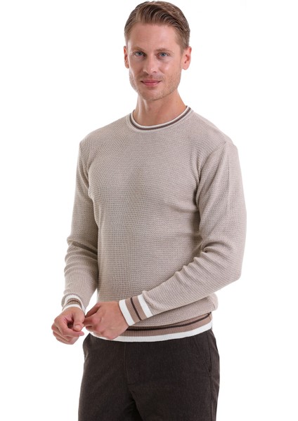 Bej Comfort Fit Düz Pamuklu Bisiklet Yaka Casual Triko Kazak modelleri