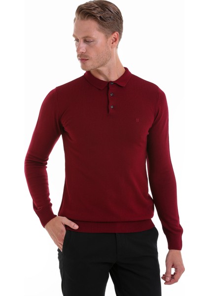 Bordo Regular Fit Düz Polo Yaka Triko Kazak