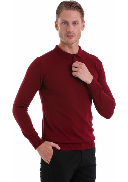 Bordo Regular Fit Düz Polo Yaka Triko Kazak modelleri