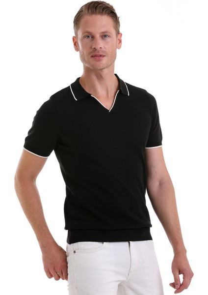 Siyah Regular Fit Desenli Pamuklu Polo Yaka Casual Tişört