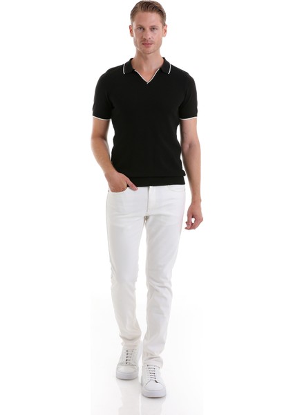 Siyah Regular Fit Desenli Pamuklu Polo Yaka Casual Tişört