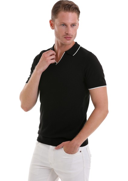 Siyah Regular Fit Desenli Pamuklu Polo Yaka Casual Tişört