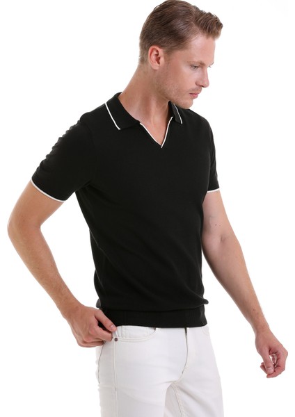 Siyah Regular Fit Desenli Pamuklu Polo Yaka Casual Tişört