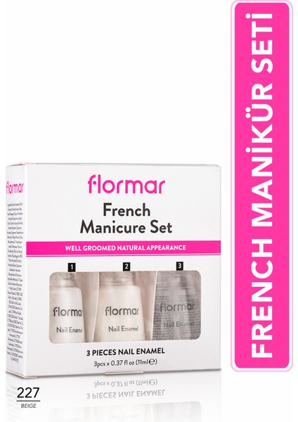 French Manicure Tırnak Bandı İçeren 3'ü 1 Arada Parlak Oje Seti (227 Beige) 8690604116003