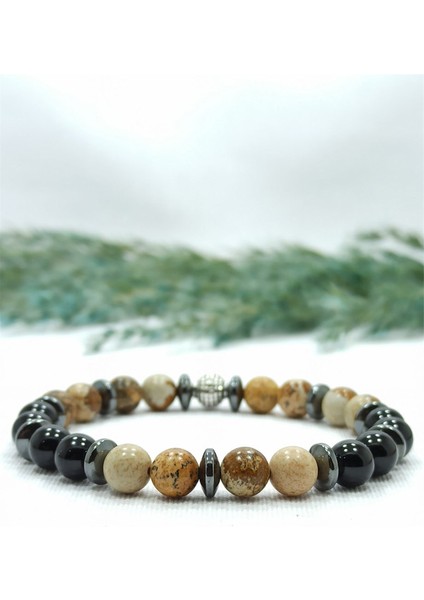 Jasper Oniks Hematit Doğal Taş Azim ve Cesaret Bileklik