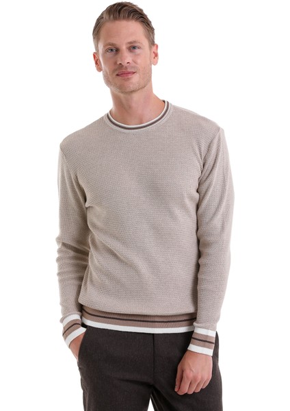 Bej Comfort Fit Düz Pamuklu Bisiklet Yaka Casual Triko Kazak