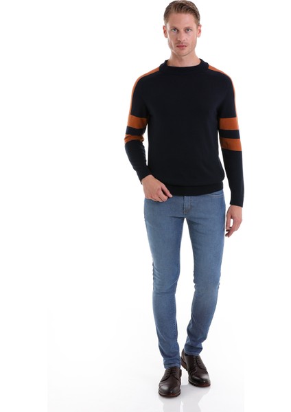 Lacivert Comfort Fit Düz Pamuklu Yarım Balıkçı Yaka Casual Triko Kazak