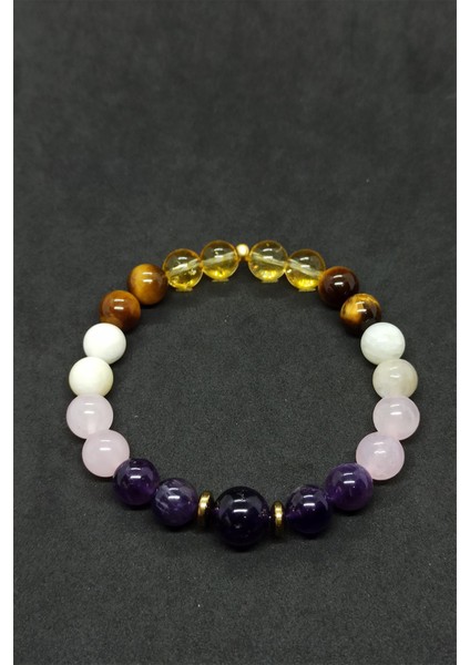 Ametist-Sitrin-Pembe Kuvars-Ay Taşı Kaplan Gözü Enerji Düzenleme Meditasyon Doğal Taş Bilekliği