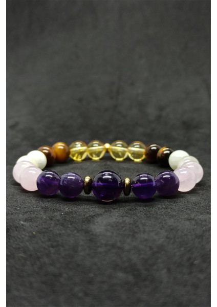 Ametist-Sitrin-Pembe Kuvars-Ay Taşı Kaplan Gözü Enerji Düzenleme Meditasyon Doğal Taş Bilekliği fiyatları