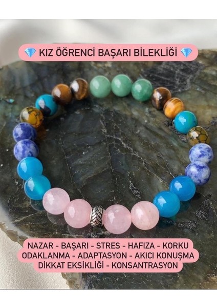 Doğal Taş Kız Öğrenci Başarı Bilekliği (Kaplangözü,pembe Kuvars,turkuaz, Akik,sodalit ve Aventurin)
