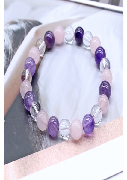 Doğal Taş Çakra Bileklik ( Pembe - Kristal Kuvars - Ametist )