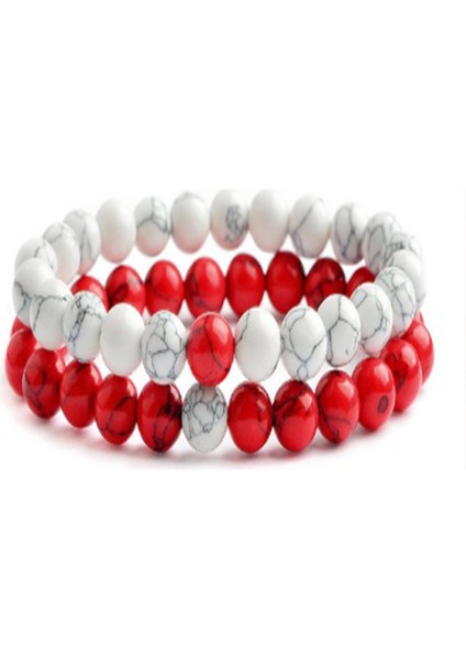 Kırımızı Beyaz Doğal Taş Havlit Bileklik ( 2 Adet )