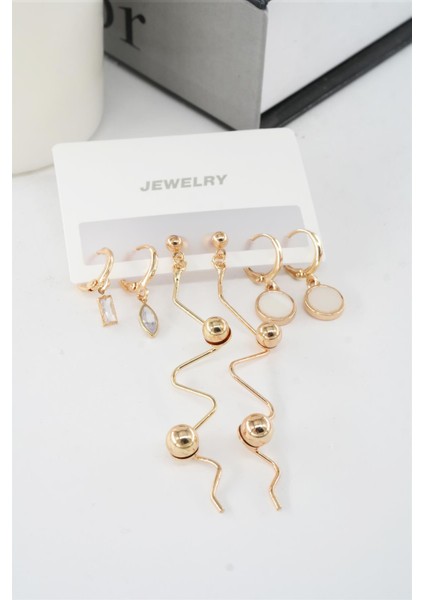 Kadın 6.5 cm Zigzag Sallantılı ve Oval Sedefli 6'lı Küpe Seti