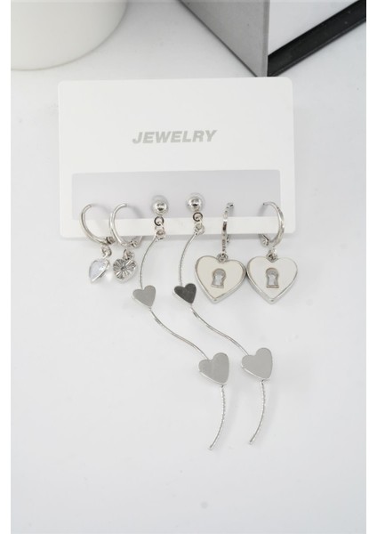 Kadın 6.5 cm Zigzag Sallantılı ve Sedefli Kalp Model 6'lı Küpe Seti