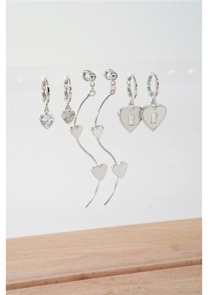 Kadın 6.5 cm Zigzag Sallantılı ve Sedefli Kalp Model 6'lı Küpe Seti fiyatları