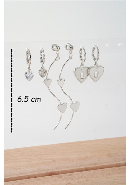 Kadın 6.5 cm Zigzag Sallantılı ve Sedefli Kalp Model 6'lı Küpe Seti fırsatları