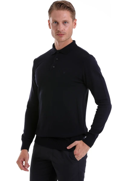 Lacivert Regular Fit Düz Polo Yaka Triko Kazak